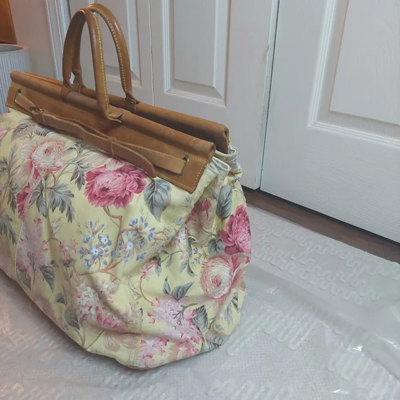 Vintage 80's Ralph Lauren Floral Carpet Tapestry Leather Satchel- Travel Bag! - Picture 3 of 16